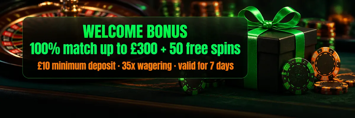 A ribbon-wrapped gift box and stacks of poker chips on a felt gaming table, with a roulette wheel softly blurred behind them.